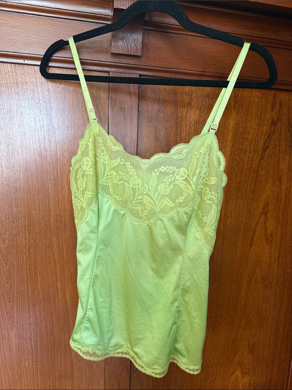 Vintage Lace Trim Satin Cami Tank - Lime Green, Silk Tank